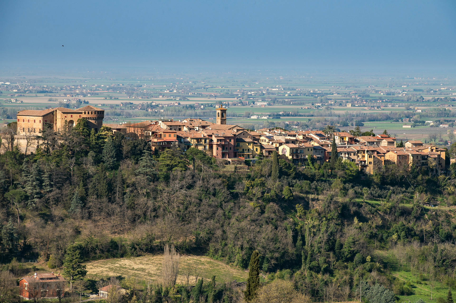 Panoramic view of the medieval village Dozza in Emilia-Romagna countryside